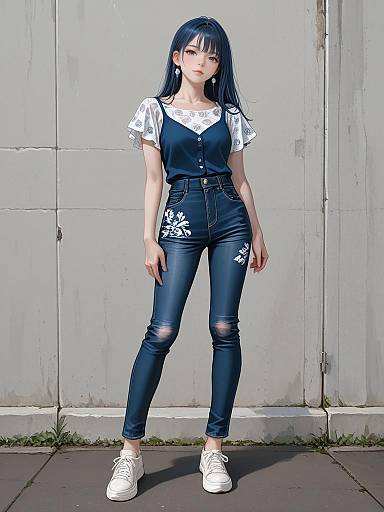 Casual Woman in Navy Paisley Top