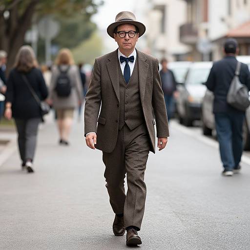 Photograph of a young man in a brown pinstripe suit, bow tie, and fedora, walking confidently on a city street, with blurred