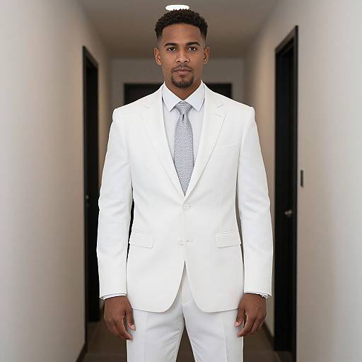 Photograph of a confident Black man in a sharp white suit with a white shirt and patterned tie, standing in a white-walled hallway with black