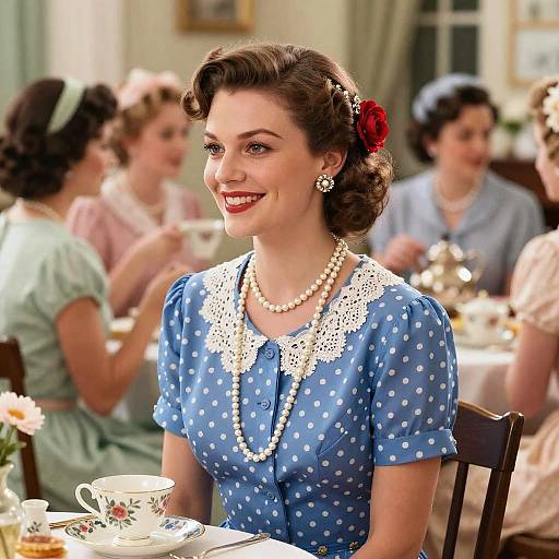 Vintage photograph of a smiling, fair-skinned woman with dark brown, wavy hair adorned with a red rose, wearing a blue polka-dot dress
