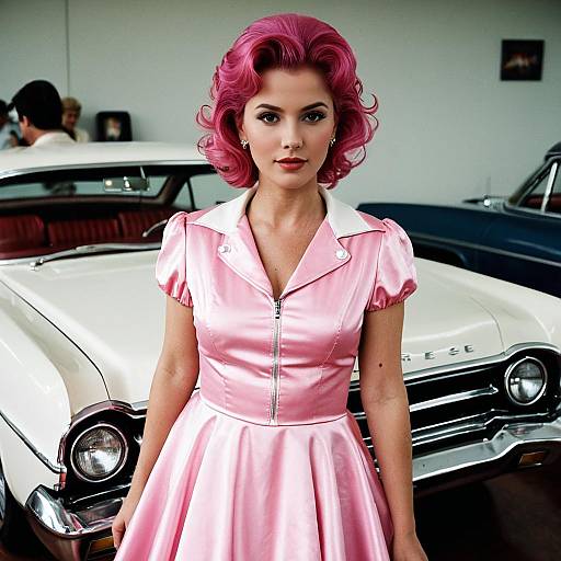Woman in Pink Grease Costume with Classic Car