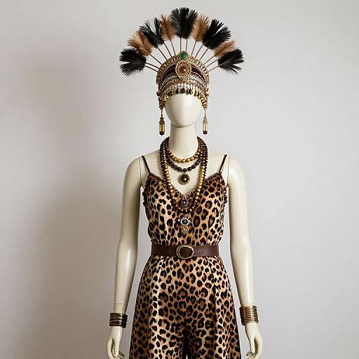 Photograph of a white mannequin in a leopard-print dress, adorned with a black and brown feather headdress, layered necklaces, and black