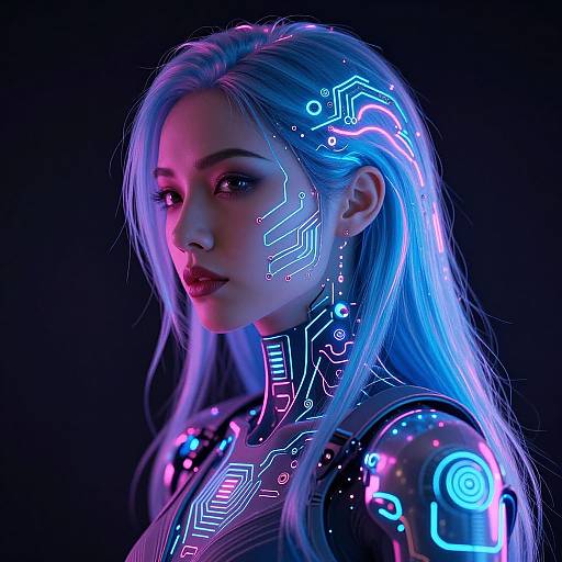 Digital CGI of a glowing, cybernetic woman with long, blue-purple hair, neon circuit patterns on her face and shoulders, against a dark background
