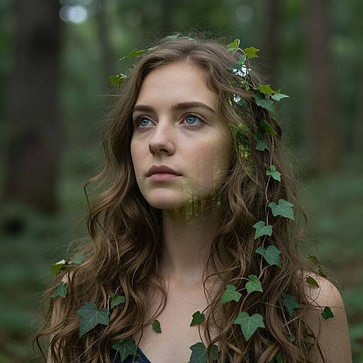 Photograph of a young woman with long, wavy brown hair adorned with green leaves, gazing upward in a dense, forested background.