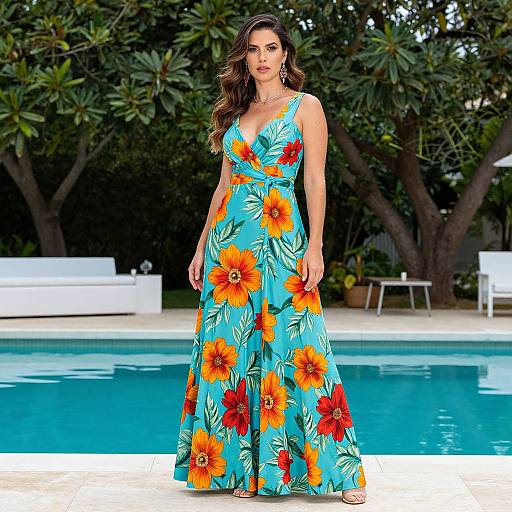 Photograph of a woman with long brown hair, wearing a vibrant turquoise dress with large orange and red floral prints, standing by a clear blue pool surrounded