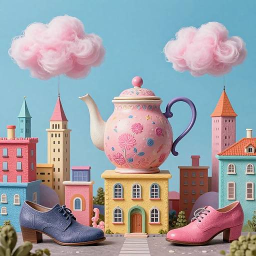 Whimsical photograph of colorful buildings, a pink floral teapot, and blue and pink shoes against a bright blue sky with fluffy clouds.