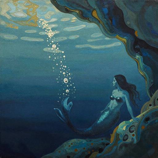 Digital painting of a blue mermaid with long dark hair, floating underwater, surrounded by bubbles, and illuminated by sunlight from above.