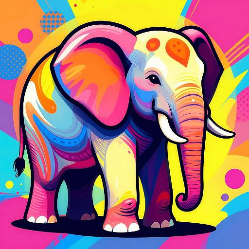 Vibrant digital illustration of a painted elephant with colorful patches on a bold, psychedelic background of yellow, pink, blue, and orange.