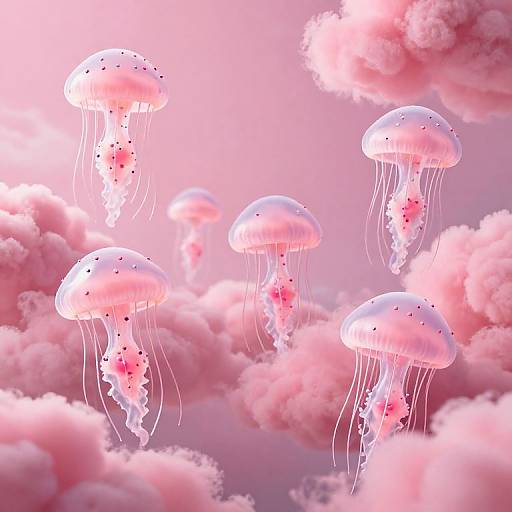 Digital artwork of pink jellyfish with glowing, translucent bodies and delicate, wavy tentacles floating among fluffy, pink clouds.