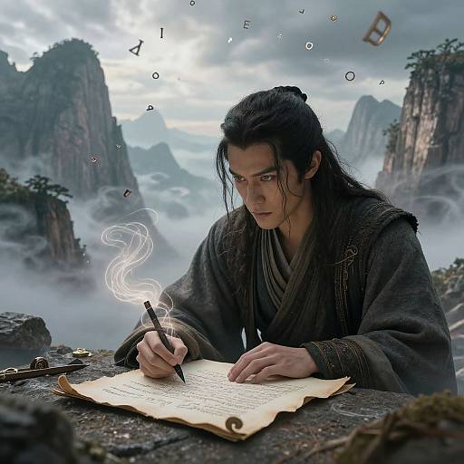 Digital artwork of a focused, long-haired man in dark robes writing on parchment amidst misty, rocky mountains with floating letters.