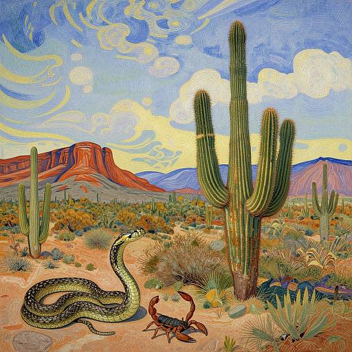 Vibrant desert painting with tall cacti, a coiled green snake, and a red crab in front, against red mountains and swirling sky