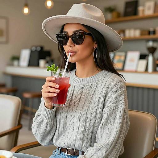 Stylish Woman Drinking Cocktail in Café