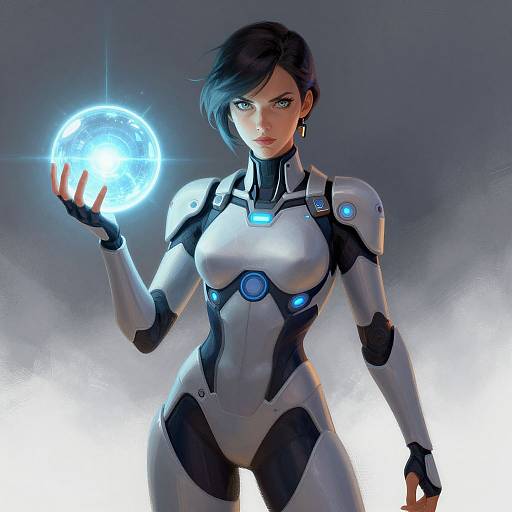 Digital artwork of a futuristic, short-haired woman in a white and black armored suit, holding a glowing blue orb with her right hand. Blue lights accent