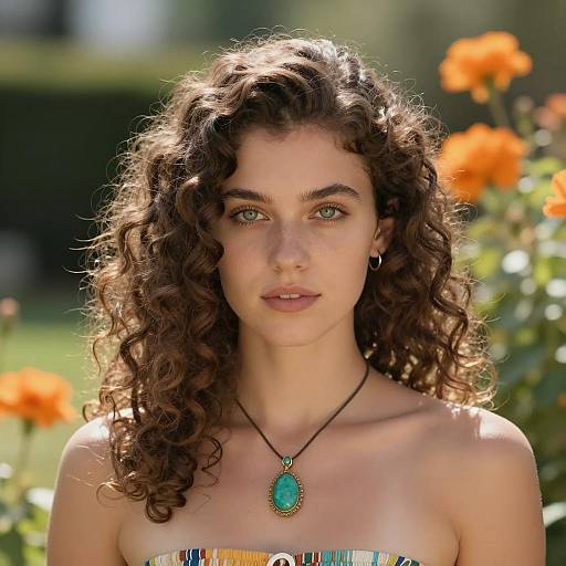 Young Woman with Curly Hair in Garden