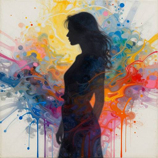 Silhouette of a woman with long hair against a vibrant, abstract background of colorful splashes and paint drips in digital art style.