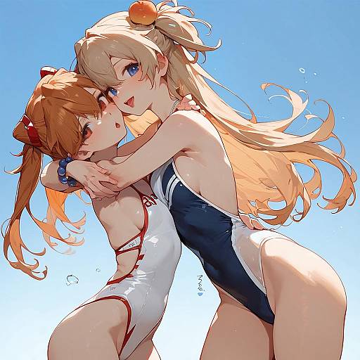 Anime Girls Hugging in Swimsuits