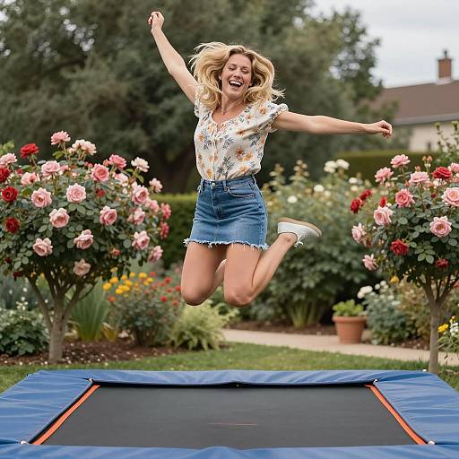 Joyful Woman Jumping on Trampoline in Garden