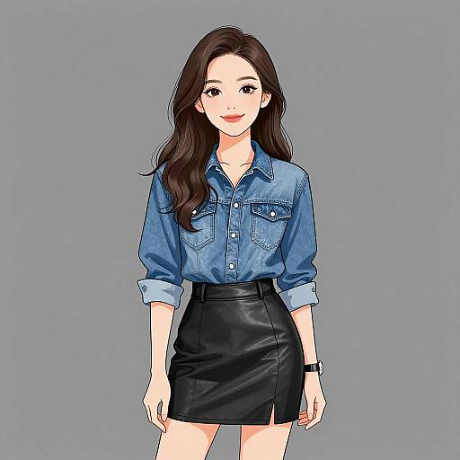 Digital illustration of an Asian woman with long black hair, wearing a blue denim shirt and black leather skirt, standing against a gray background. She smiles confidently
