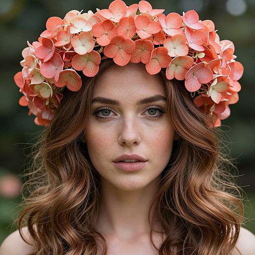 Radiant Woman with Coral Hydrangea Crown