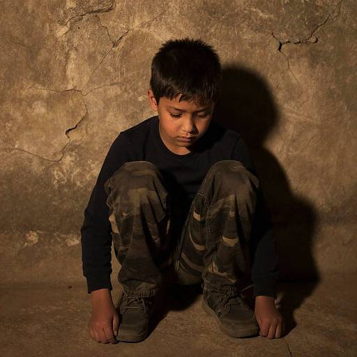 Somber Boy on Rough Stone Floor