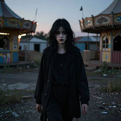 Photograph of a dark-haired, pale-skinned girl with wet hair, wearing a black coat and shirt, standing in front of a dilapidated