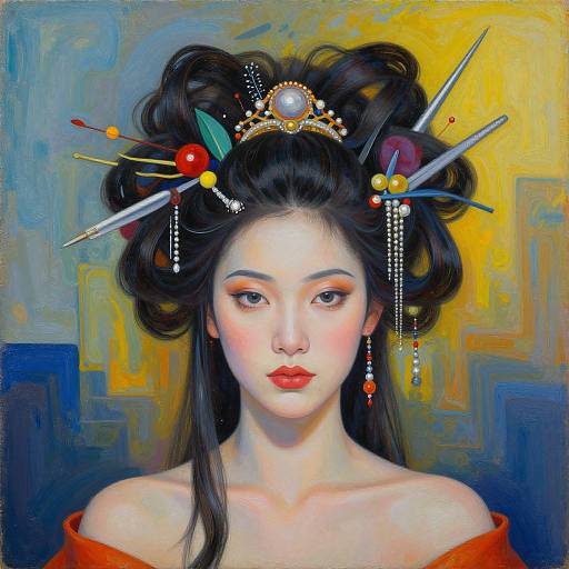 Digital painting of an Asian woman with fair skin, red lips, and black hair styled in an elaborate updo adorned with colorful hairpins and beads,