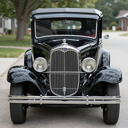 Photograph of a shiny black vintage car with a classic grille, large round headlights, and chrome accents, parked on a suburban street.