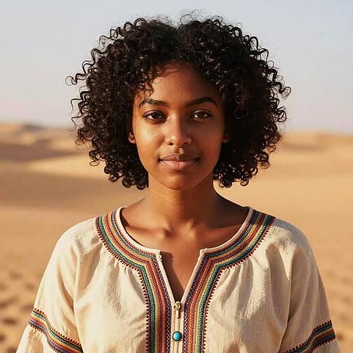 Photograph of a young Black woman with curly hair, wearing a traditional white blouse with colorful embroidery, standing in a sunlit desert.