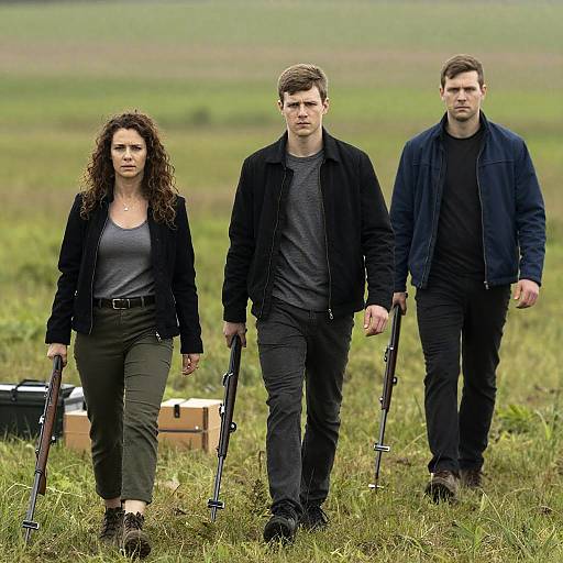 Three People Walking in Field with Rifles