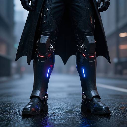 Close-up photograph of a futuristic character's legs in a rainy city street, wearing black boots with glowing red and blue lights.
