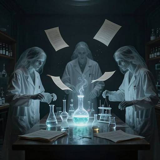 Photograph of three scientists in white lab coats, illuminated by glowing beakers, papers floating, in a dimly lit laboratory.