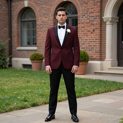 Man in dark red tuxedo standing outdoors