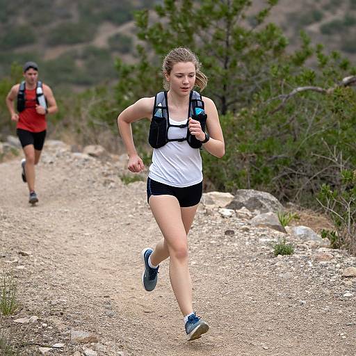 Photograph of a blonde woman in a white tank top and black shorts running on a rocky trail, with a man in a red shirt behind her,