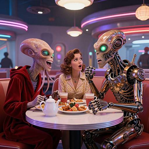 Photorealistic CGI of a shocked woman in 1950s attire sitting with two alien robots in a neon-lit retro diner, eating breakfast.