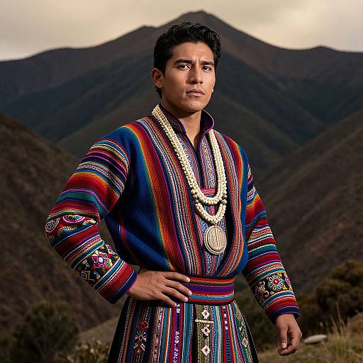 Photograph of a young South Asian man with dark hair, wearing colorful, striped traditional Andean attire with intricate patterns, standing confidently against a mountainous