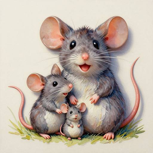 Digital illustration of three cute, fluffy gray mice with pink ears, noses, and tails, sitting on green grass, smiling together.