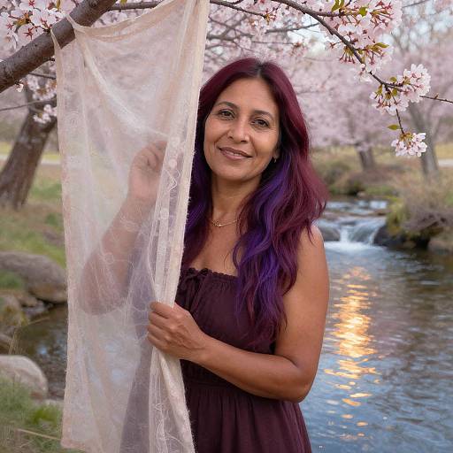 Middle-aged woman with long purple hair smiles, holding a sheer white fabric, standing by a cherry blossom tree and flowing stream. (Photograph)
