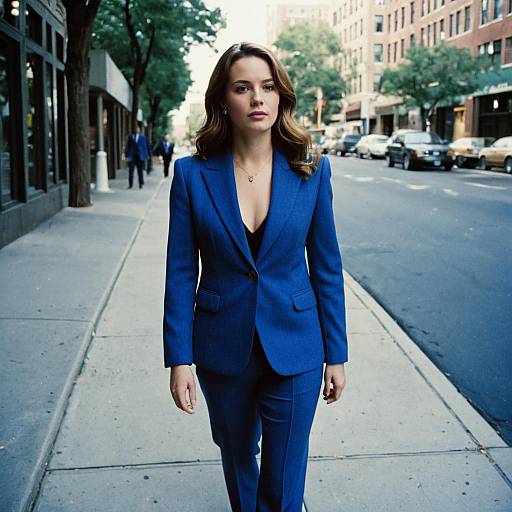Woman in Blue Suit on Sidewalk