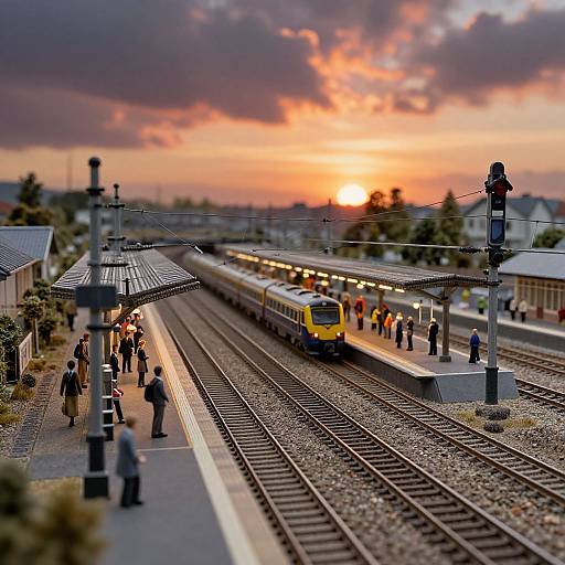 Photograph of a train station at sunset, with a yellow train arriving, passengers on platforms, colorful sky, and railway tracks.