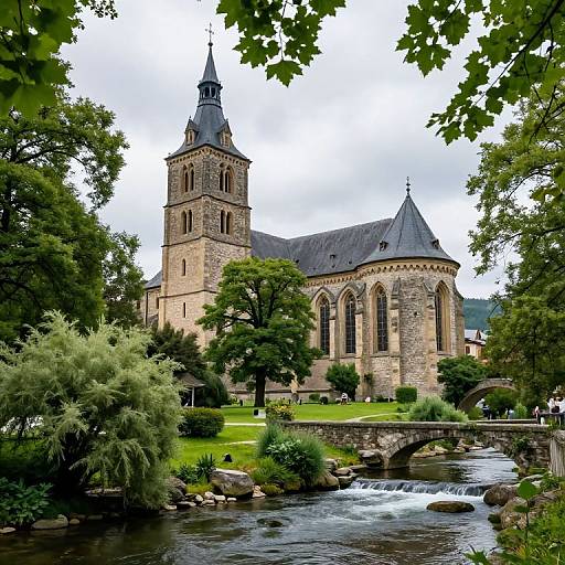 Photograph of a Gothic-style stone church with a tall spire, surrounded by lush green trees, a small bridge over a flowing stream, and a