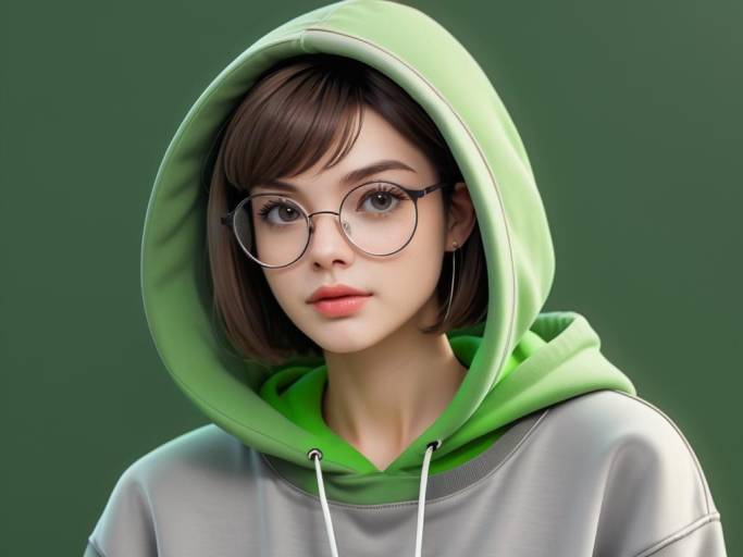Young Woman in Green Hoodie with Glasses