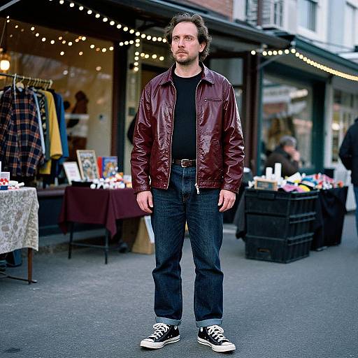 Photograph of a man with medium-length brown hair and beard, wearing a maroon leather jacket, black shirt, dark jeans, and black and white