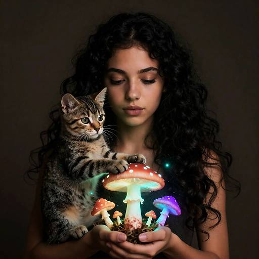 Girl with Kitten and Glowing Mushrooms