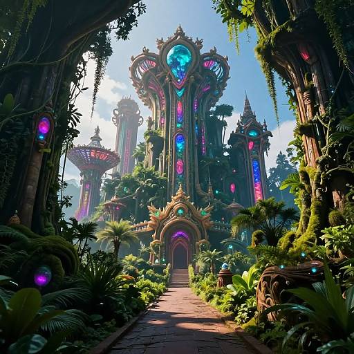 Digital fantasy artwork of a vibrant, luminescent, jungle temple with ornate, glowing blue and pink architecture, surrounded by lush greenery and vines