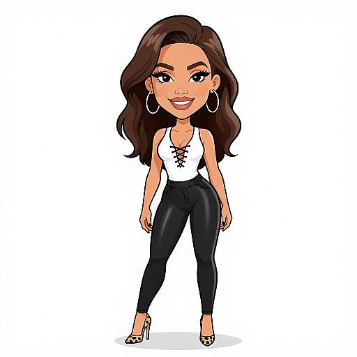 Cartoon-style drawing of a confident woman with long brown hair, wearing a white lace-up top, black pants, and leopard print heels.