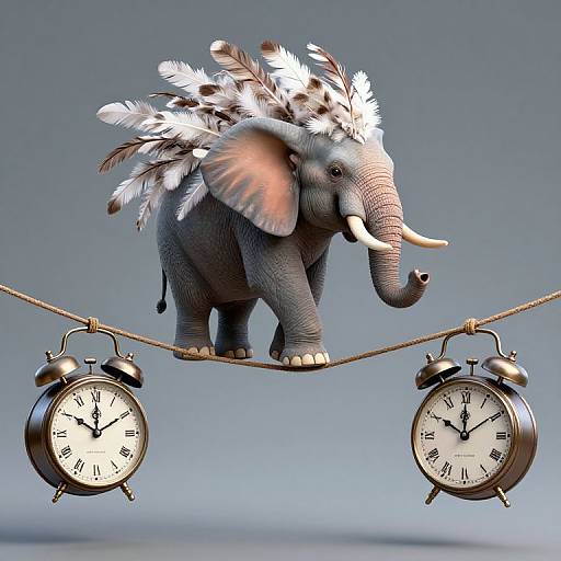 Digital illustration of a gray elephant with white feather headdress balancing on a thin rope between two vintage alarm clocks against a blue gradient background.