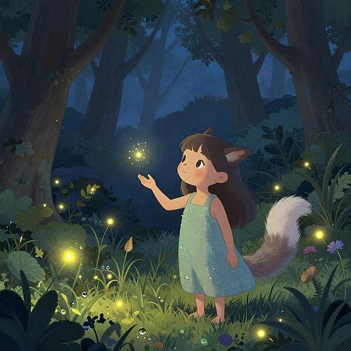 Digital illustration of a young girl with cat ears and a tail, wearing a blue dress, gently touching a glowing firefly in a magical, moonlit