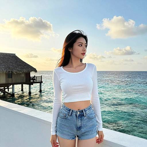 Young Woman on Sunset Ocean Terrace