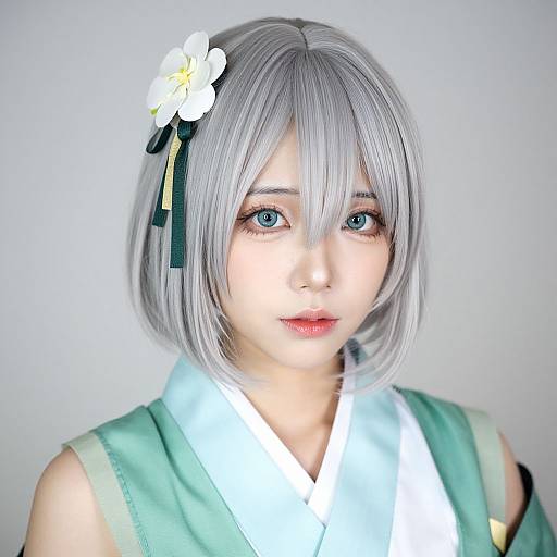 Digital portrait of a young woman with silver bob, blue eyes, and green kimono, wearing a white flower hairpin, against a soft gray background