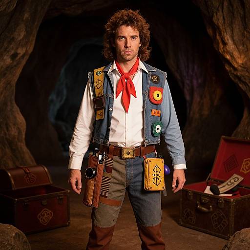 Photograph of a rugged man with curly brown hair, wearing a white shirt, red scarf, and blue vest adorned with colorful patches, standing in a